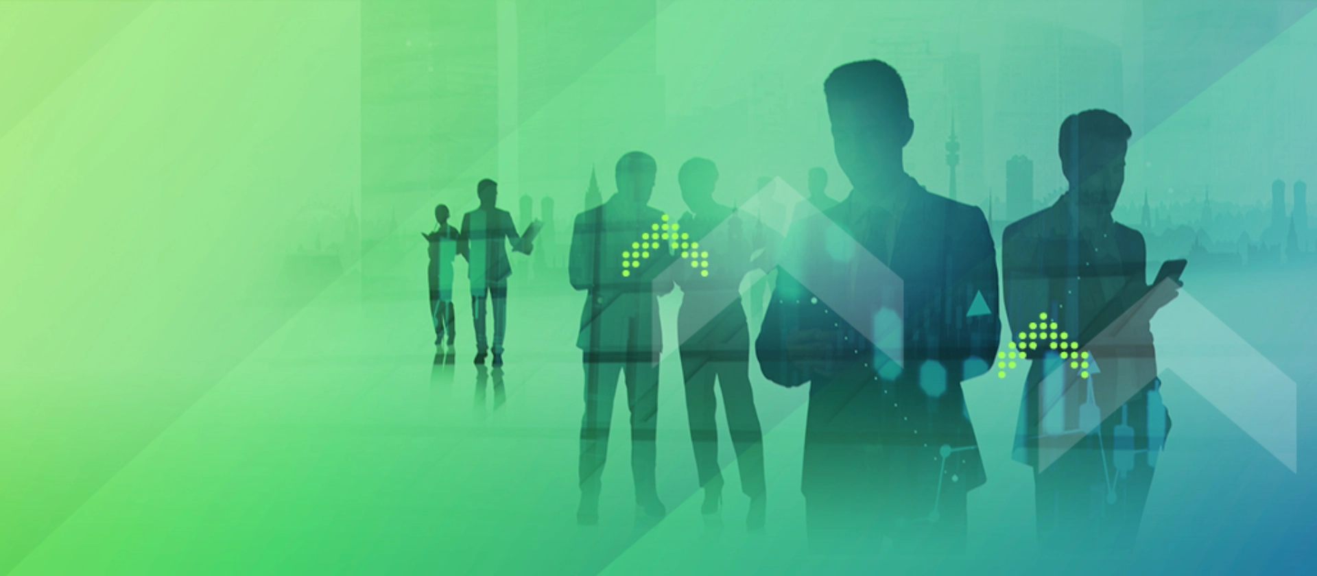 Abstraktes Visual mit Business-Silhouetten und digitalen Grafikelementen.
