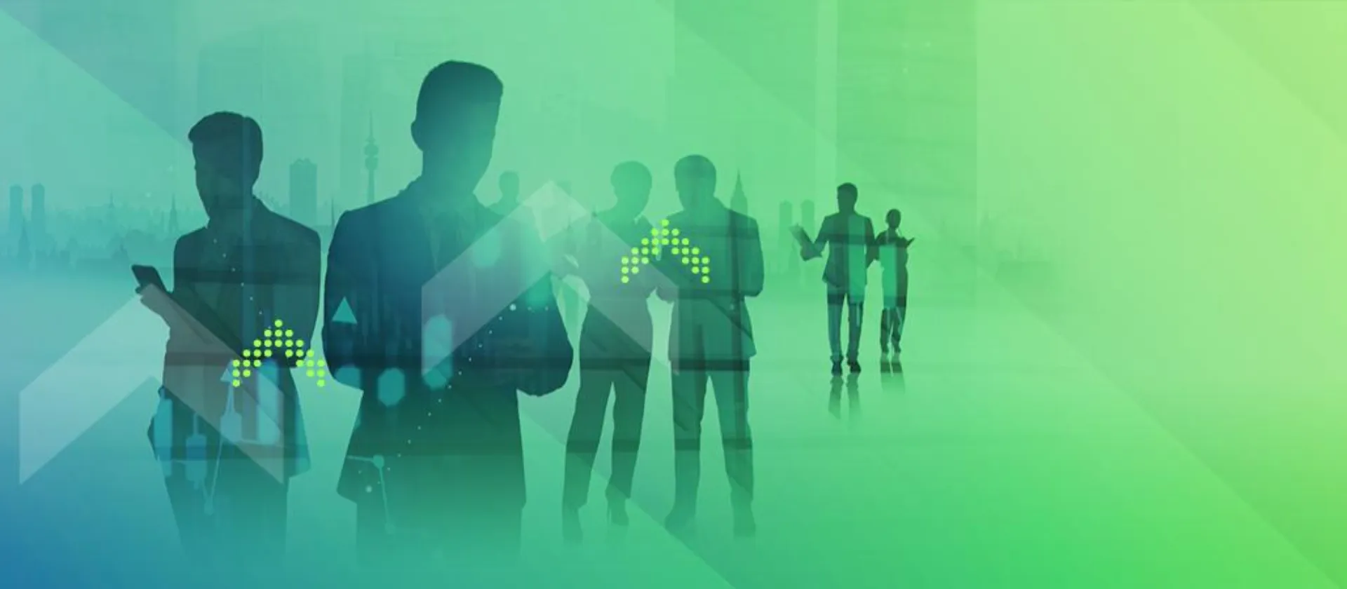 Abstraktes Visual mit Business-Silhouetten und digitalen Grafikelementen.